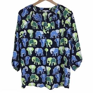 CROWN & IVY Top Blouse Elephants Split V Neck 3/4 Sleeve Navy Size Large NWT